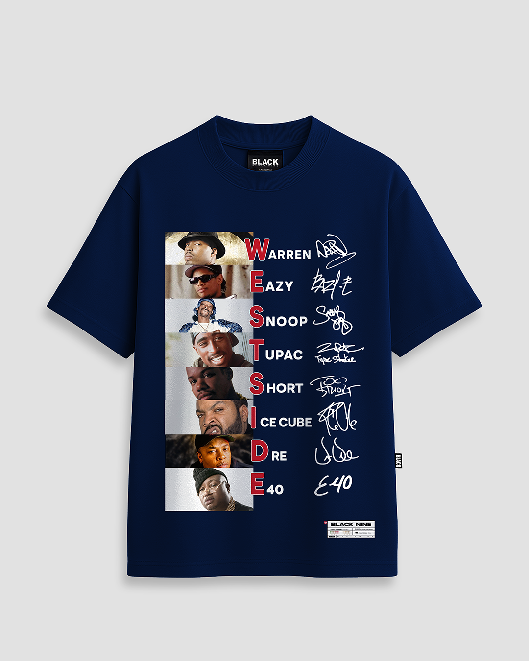 洋楽 BLACK 9 g-rap Camiseta T-shirt Black Nine Rappers Assinatura Azul Marinho